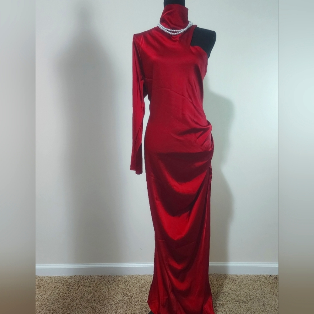 Red Satin Split Dress